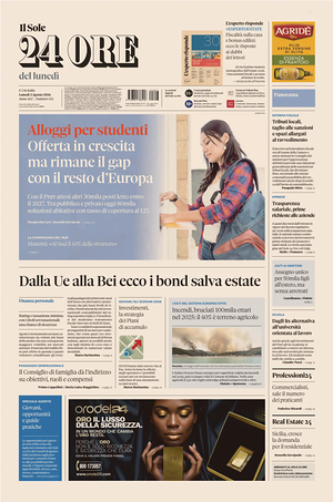 Prima pagina Il Sole 24 Ore di oggi - Quotidiano finanza