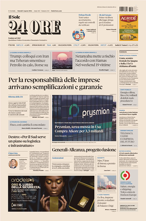 Prima pagina Il Sole 24 Ore di oggi - Quotidiano finanza