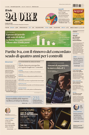 Prima pagina Il Sole 24 Ore di oggi - Quotidiano finanza