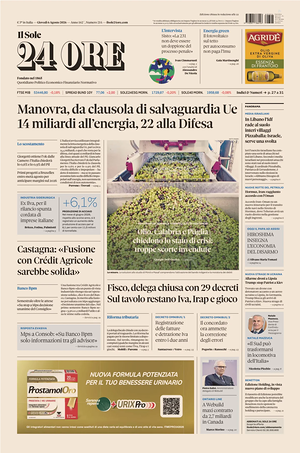 Prima pagina Il Sole 24 Ore di oggi - Quotidiano finanza