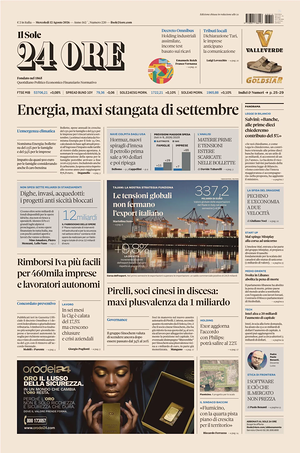Prima pagina Il Sole 24 Ore di oggi - Quotidiano finanza