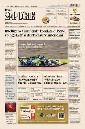 Prima pagina Il Sole 24 Ore di oggi - Quotidiano finanza