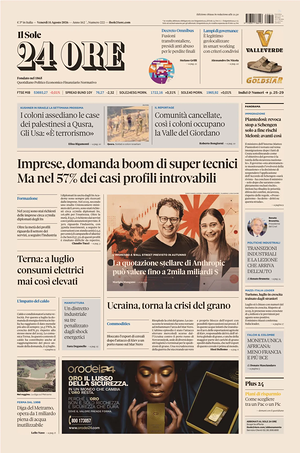 Prima pagina Il Sole 24 Ore di oggi - Quotidiano finanza