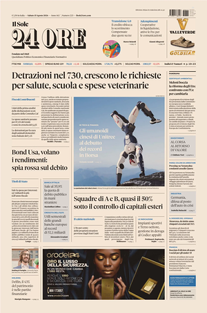 Prima pagina Il Sole 24 Ore di oggi - Quotidiano finanza