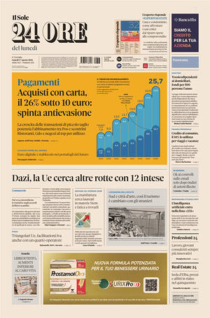 Prima pagina Il Sole 24 Ore di oggi - Quotidiano finanza