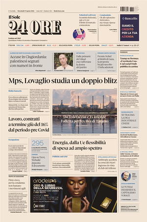 Prima pagina Il Sole 24 Ore di oggi - Quotidiano finanza