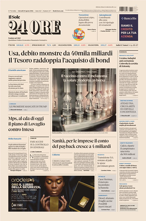 Prima pagina Il Sole 24 Ore di oggi - Quotidiano finanza
