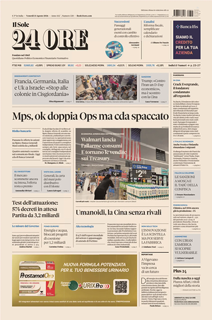 Prima pagina Il Sole 24 Ore di oggi - Quotidiano finanza