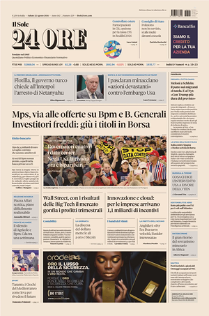 Prima pagina Il Sole 24 Ore di oggi - Quotidiano finanza
