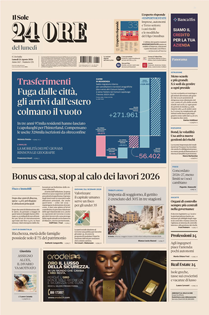 Prima pagina Il Sole 24 Ore di oggi - Quotidiano finanza