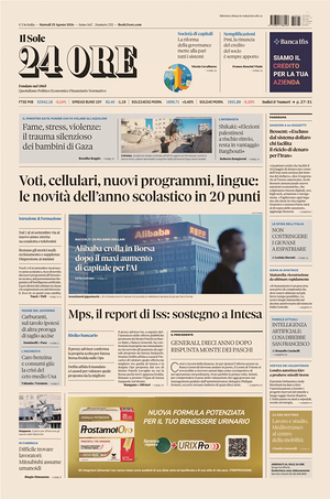 Prima pagina Il Sole 24 Ore di oggi - Quotidiano finanza