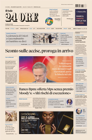 Prima pagina Il Sole 24 Ore di oggi - Quotidiano finanza