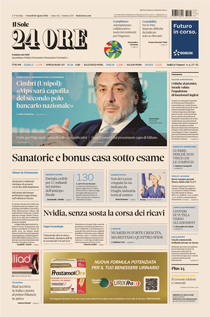 Prima pagina Il Sole 24 Ore di oggi - Quotidiano finanza