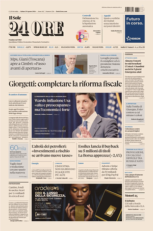 Prima pagina Il Sole 24 Ore di oggi - Quotidiano finanza