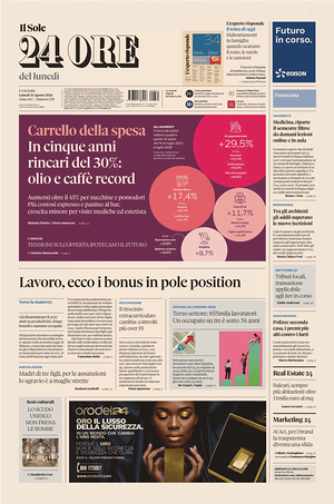 Prima pagina Il Sole 24 Ore di oggi - Quotidiano finanza