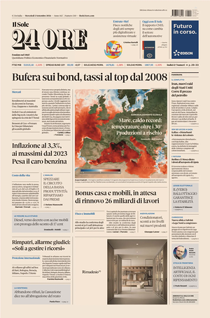 Prima pagina Il Sole 24 Ore di oggi - Quotidiano finanza