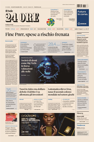 Prima pagina Il Sole 24 Ore di oggi - Quotidiano finanza