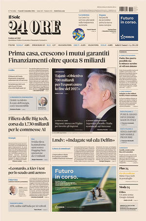 Prima pagina Il Sole 24 Ore di oggi - Quotidiano finanza