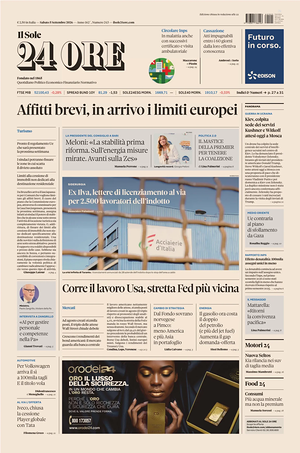 Prima pagina Il Sole 24 Ore di oggi - Quotidiano finanza