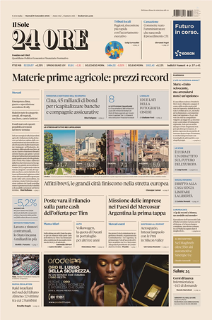 Prima pagina Il Sole 24 Ore di oggi - Quotidiano finanza