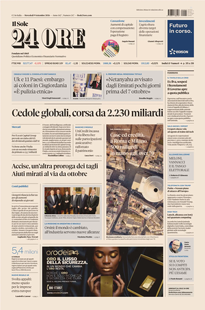 Prima pagina Il Sole 24 Ore di oggi - Quotidiano finanza