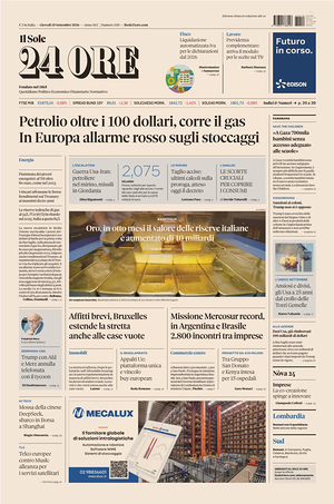Prima pagina Il Sole 24 Ore di oggi - Quotidiano finanza