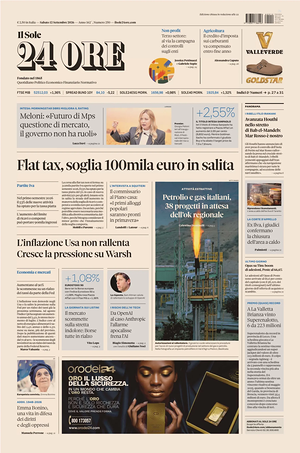 Prima pagina Il Sole 24 Ore di oggi - Quotidiano finanza