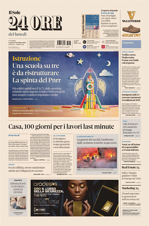 Prima pagina Il Sole 24 Ore di oggi - Quotidiano finanza
