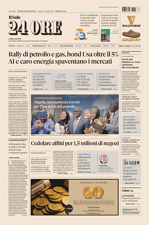 Prima pagina Il Sole 24 Ore di oggi - Quotidiano finanza