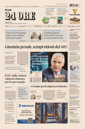 Prima pagina Il Sole 24 Ore di oggi - Quotidiano finanza
