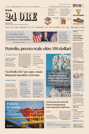 Prima pagina Il Sole 24 Ore di oggi - Quotidiano finanza