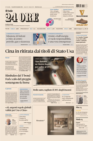 Prima pagina Il Sole 24 Ore di oggi - Quotidiano finanza