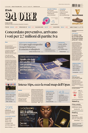 Prima pagina Il Sole 24 Ore di oggi - Quotidiano finanza