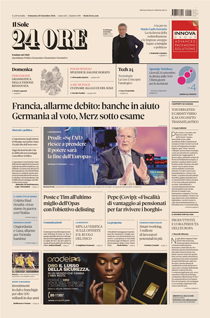 Prima pagina Il Sole 24 Ore di oggi - Quotidiano finanza