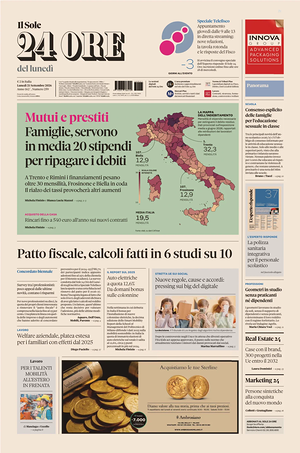 Prima pagina Il Sole 24 Ore di oggi - Quotidiano finanza