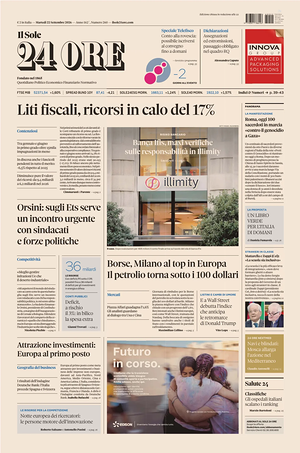 Prima pagina Il Sole 24 Ore di oggi - Quotidiano finanza