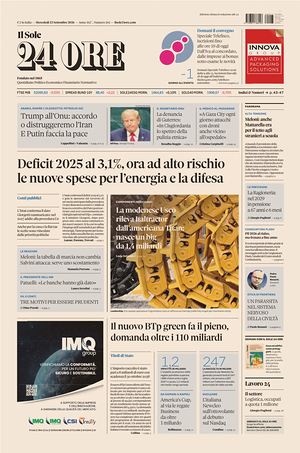 Prima pagina Il Sole 24 Ore di oggi - Quotidiano finanza