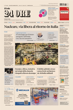 Prima pagina Il Sole 24 Ore di oggi - Quotidiano finanza