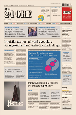 Prima pagina Il Sole 24 Ore di oggi - Quotidiano finanza