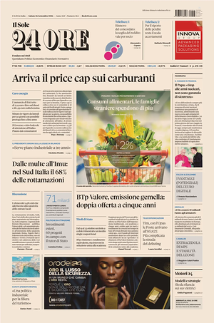 Prima pagina Il Sole 24 Ore di oggi - Quotidiano finanza