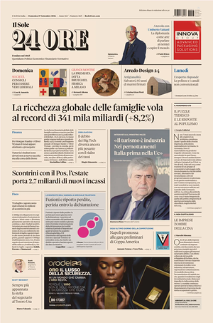 Prima pagina Il Sole 24 Ore di oggi - Quotidiano finanza