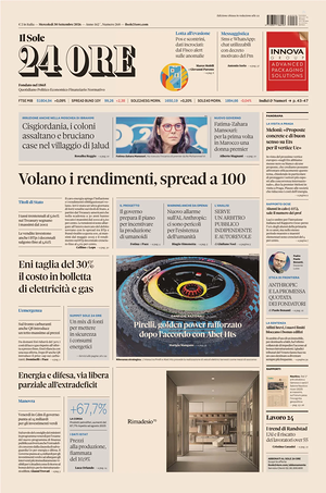 Prima pagina Il Sole 24 Ore di oggi - Quotidiano finanza