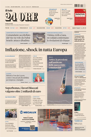 Prima pagina Il Sole 24 Ore di oggi - Quotidiano finanza