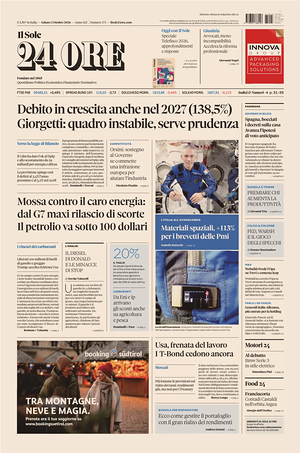 Prima pagina Il Sole 24 Ore di oggi - Quotidiano finanza