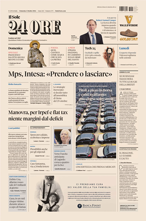 Prima pagina Il Sole 24 Ore di oggi - Quotidiano finanza