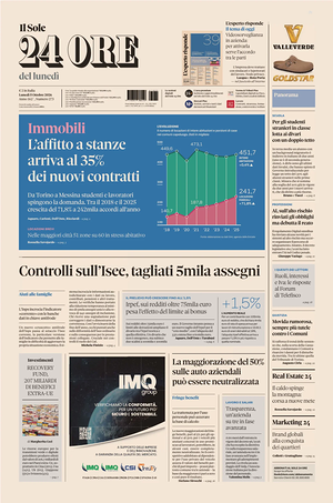 Prima pagina Il Sole 24 Ore di oggi - Quotidiano finanza