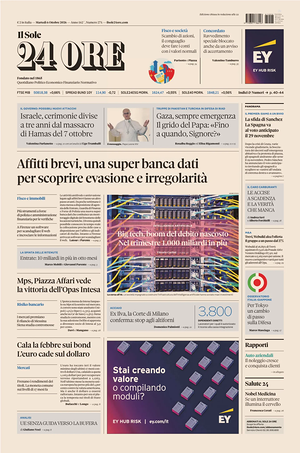 Prima pagina Il Sole 24 Ore di oggi - Quotidiano finanza