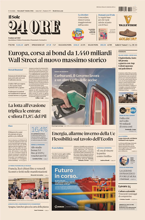 Prima pagina Il Sole 24 Ore di oggi - Quotidiano finanza