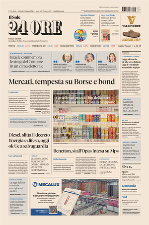 Prima pagina Il Sole 24 Ore di oggi - Quotidiano finanza