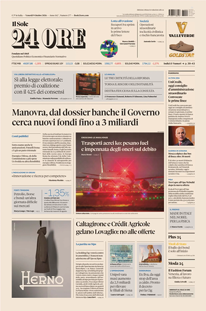 Prima pagina Il Sole 24 Ore di oggi - Quotidiano finanza